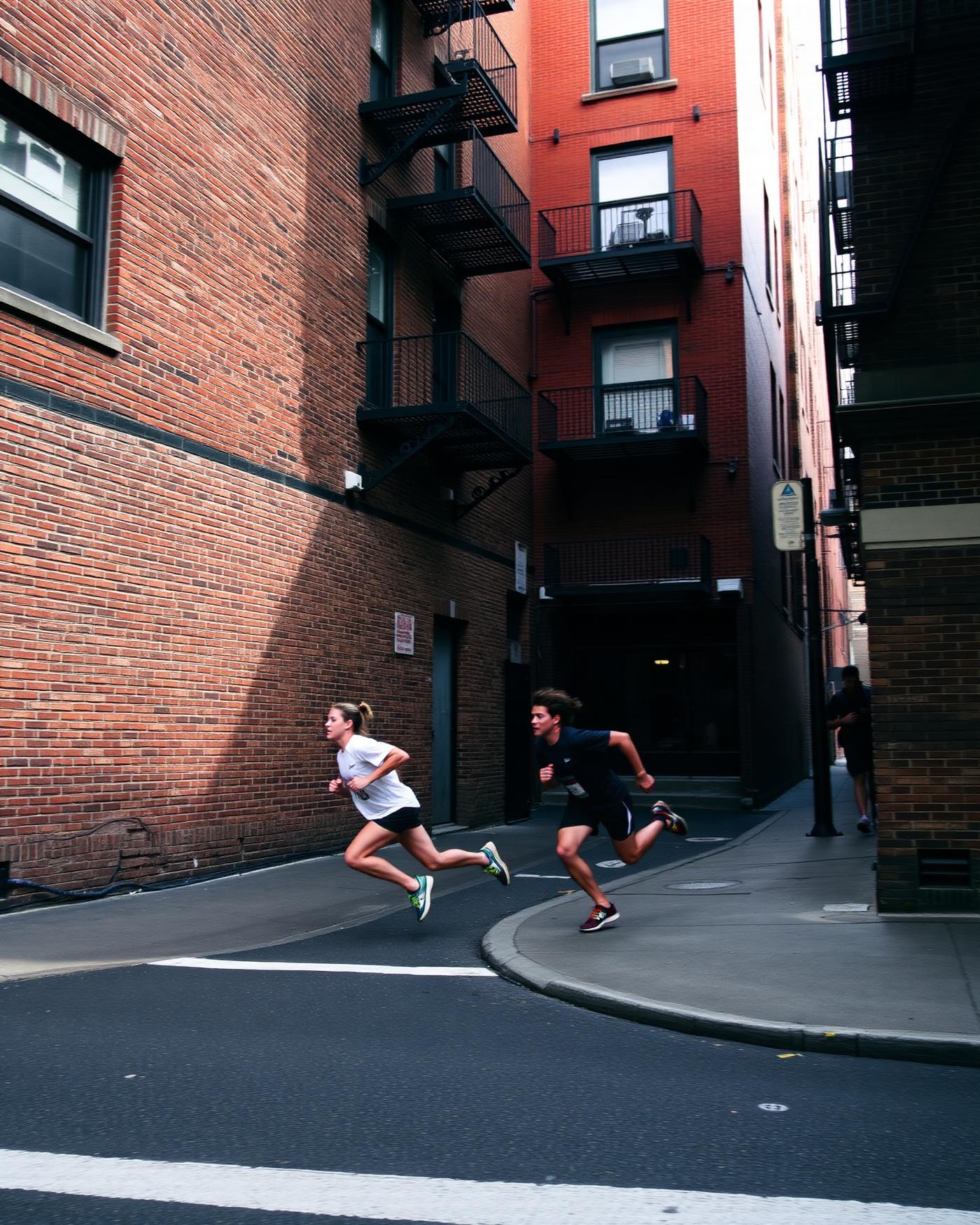 Two runners cutting a hard corner around a New York city block at street level