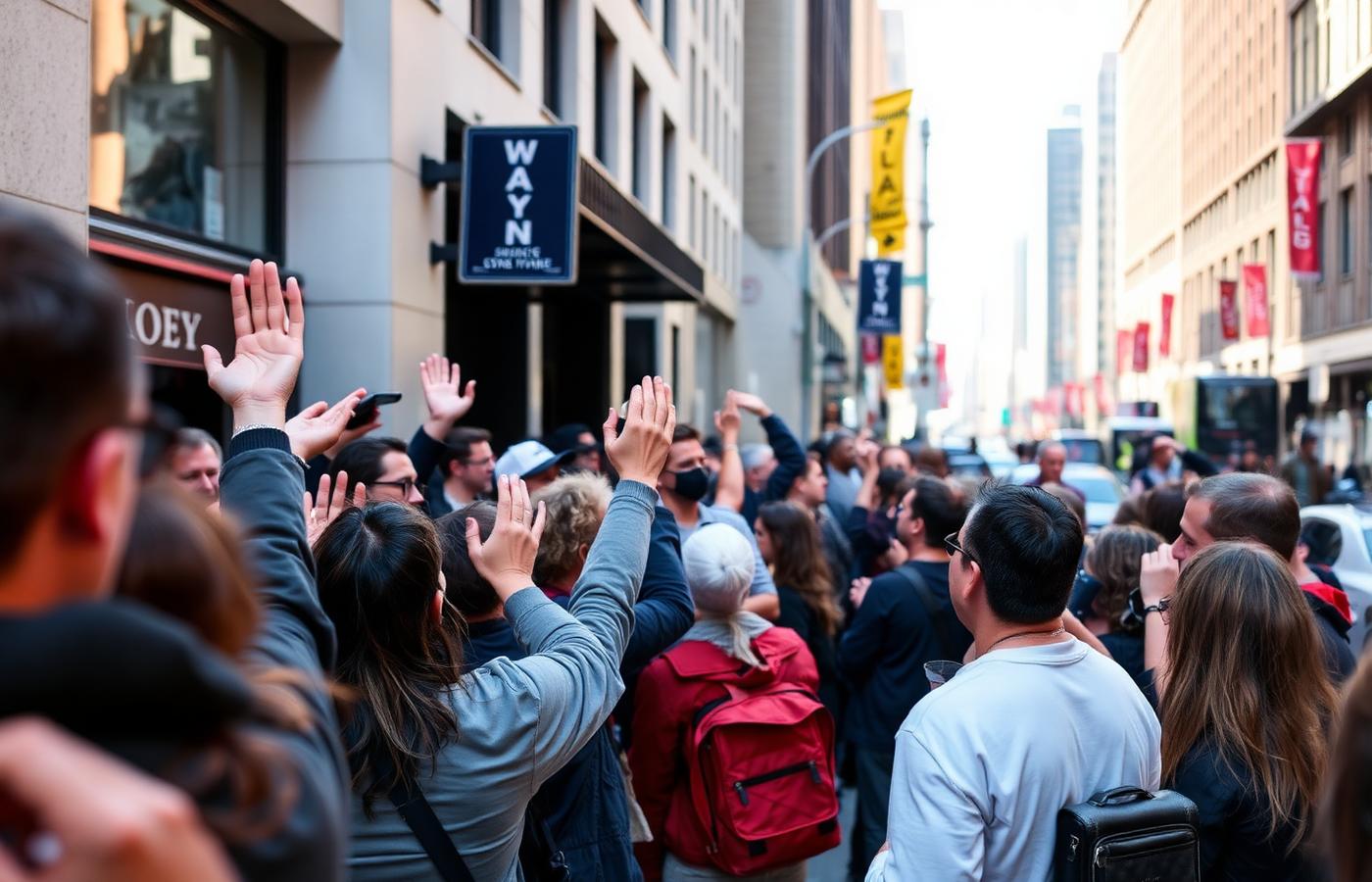 Spectators cheering along a New York sidewalk in bright daylight