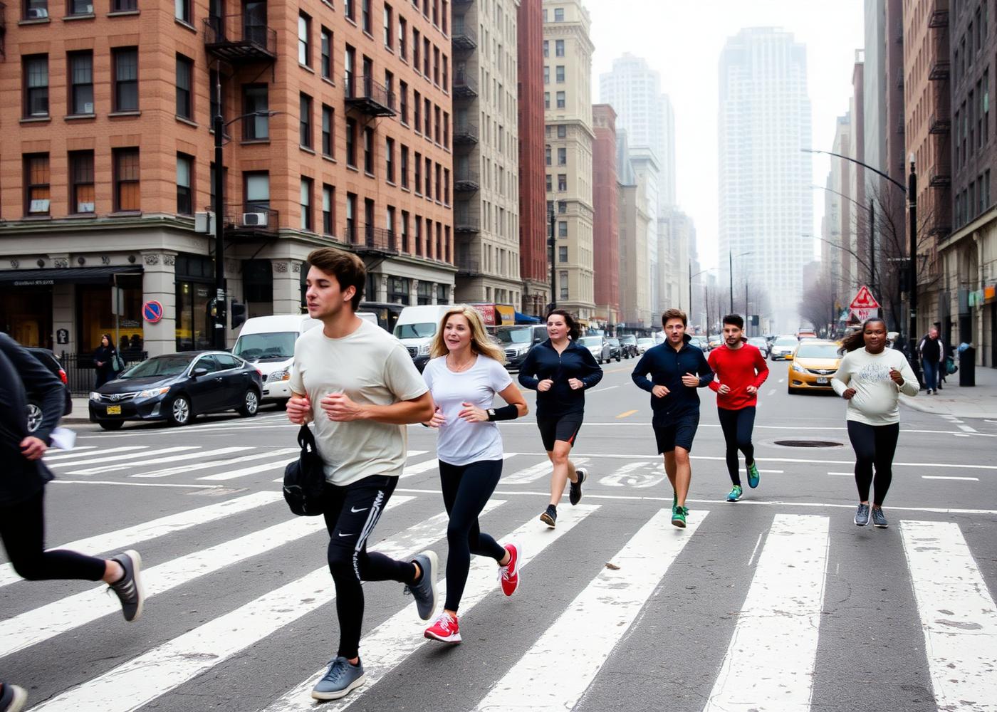 A group crossing a wide New York intersection at first light