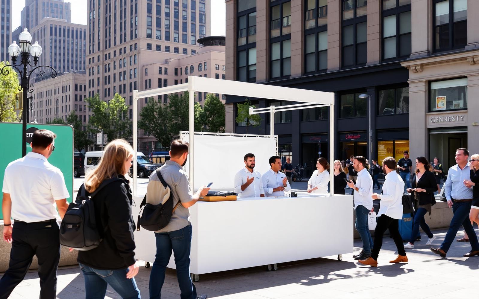 A Marathon brand activation set up in a New York plaza with staff talking to passersby
