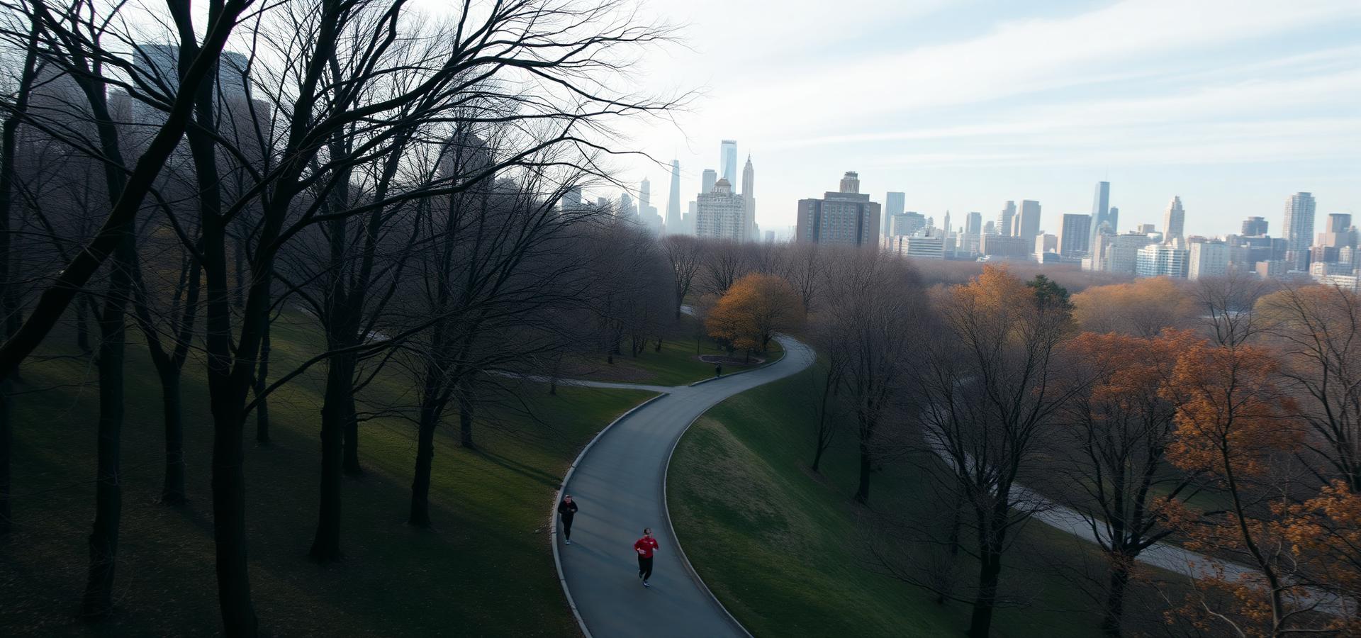 A curving park route through the city with runners on it