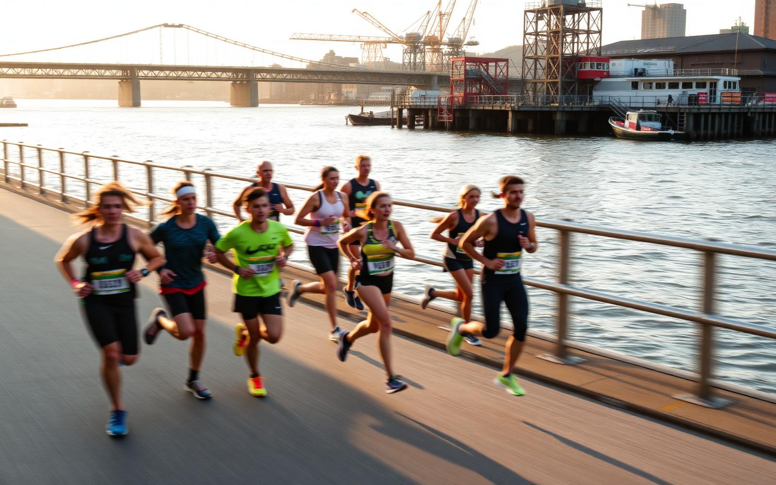 A group of runners moving together along a New York waterfront esplanade